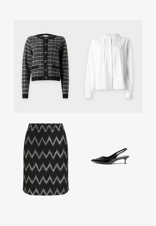 Juodai-baltas raštuotas kardiganas su apvalia iškirpte, priekiniais sagų užtrauktukais, dviem kišenėmis ir ribotu rankogaliu, pagamintas iš tekstūruoto audinio.; Balta ilgomis rankovėmis bliuska su stovinčiu apykakliniu, vertikaliomis klostėmis priekyje, mygtukų užsegimu ir nėrinių apvadais ant rankovių.; Juoda sijonas su sidabriniu zigzago raštu, pagamintas iš tekstūruoto audinio, aptemptos linijos ir tiesaus hemavimo.; Juodos odinės slingback aukštakulniai su smailiu nosiu, mažais katės kulnais ir dekoratyvine mazgo detale priekyje. Visas paviršius lygus.