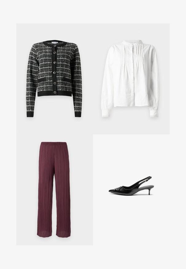 Črno-bela vzorčasta cardigan jopica z okroglim izrezom, sprednjim gumbom, dvema žepoma in rebrastimi manšetami, izdelana iz strukturirane tkanine.; Bela dolga bluza z dolgimi rokavi in stojčasto ovratnikom, vertikalni gubami spredaj, zapiranjem na gumbe in manšetami z čipkastim robom.; Plisse hlače v temno burgundski barvi z elastičnim pasom, ki se ponašajo z lahkotnim širokim krojem in vertikalnimi gubami po celotni dolžini.; Črne usnjene slingback pete z izostrenim nosom, majhno mačje peto in okrasno vozličasto podrobnostjo na sprednjem delu. Gladka tekstura po celotni površini.