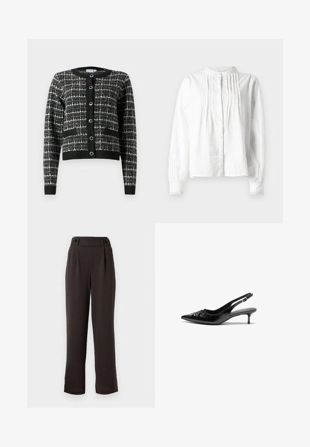 Kardigan u crno-bijelom uzorku s okruglim izrezom, prednjim kopčanjem na gumbe, dva džepa i rebrastim manžetama, napravljen od teksturirane tkanine.; Bijela bluzica dugih rukava s uspravnim ovratnikom, vertikalnim nabranim detaljima na prednjem dijelu, zatvaranjem na gumbi i čipkastim rubovima manžeta.; Tamno smeđe krojene hlače s glatkom teksturom, viskog struka, dva prednja nabora i ukrasnim crnim gumbima na pojasu.; Crne kožne sandale na petu s ikkrenim nosom, malom kitten petom i dekorativnom mašnom sprijeda. Glatka tekstura svuda.