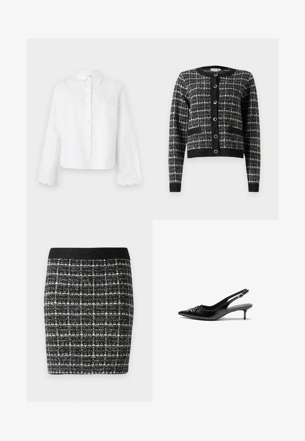 Cardigan a righe bianco e nero con scollatura rotonda, chiusura anteriore a bottoni, due tasche e polsini a costine, realizzato in tessuto testurizzato.; Camicia bianca con colletto a punta, maniche lunghe con bordi scallop e motivi floreali ricamati sui polsini.; Gonna a scacchi bianca e nera con un tessuto testurizzato, caratterizzata da una vita nera e una silhouette aderente.; Tacchi slingback in pelle nera con punta affusolata, piccolo tacco kitten e un dettaglio a nodo decorativo sulla parte anteriore. Texture liscia su tutta la superficie.