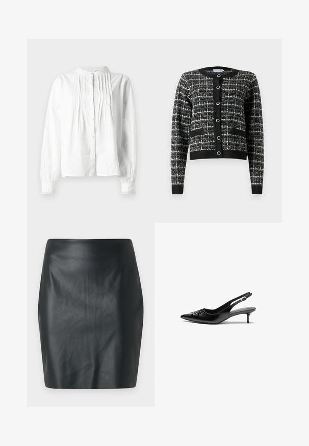 Juodai-baltas raštuotas kardiganas su apvalia iškirpte, priekiniais sagų užtrauktukais, dviem kišenėmis ir ribotu rankogaliu, pagamintas iš tekstūruoto audinio.; Balta ilgomis rankovėmis bliuska su stovinčiu apykakliniu, vertikaliomis klostėmis priekyje, mygtukų užsegimu ir nėrinių apvadais ant rankovių.; Juodas dirbtinės odos mini sijonas su lygiu paviršiumi, siauru siluetu ir tiesiu kirpimu. Nėra matomų detalių ar puošmenų.; Juodos odinės slingback aukštakulniai su smailiu nosiu, mažais katės kulnais ir dekoratyvine mazgo detale priekyje. Visas paviršius lygus.