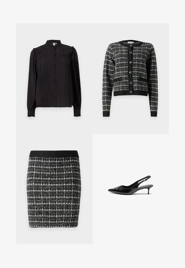 Melnā un baltā rakstainā kardigāna ar apaļu kakla izgriezumu, priekšējo pogu aizdari, divām kabatām un ribotām piedurknēm, izgatavots no strukturēta auduma.; Melnas garas piedurknes blūze ar augstu apkakli, priekšējiem pogām, plecu un aproču izsmidzināšanu, un krokām. Zīda tekstūra.; Melnā un baltā kvadrātveida svārki ar teksturētu audumu, ar melnu jostasvietu un pieguļošu siluetu.; Melni ādas sandales ar norādītu pirkstu, mazu kaķa papēdi un dekoratīvu mezglu detaļu priekšā. Gluda tekstūra visā virsmā.