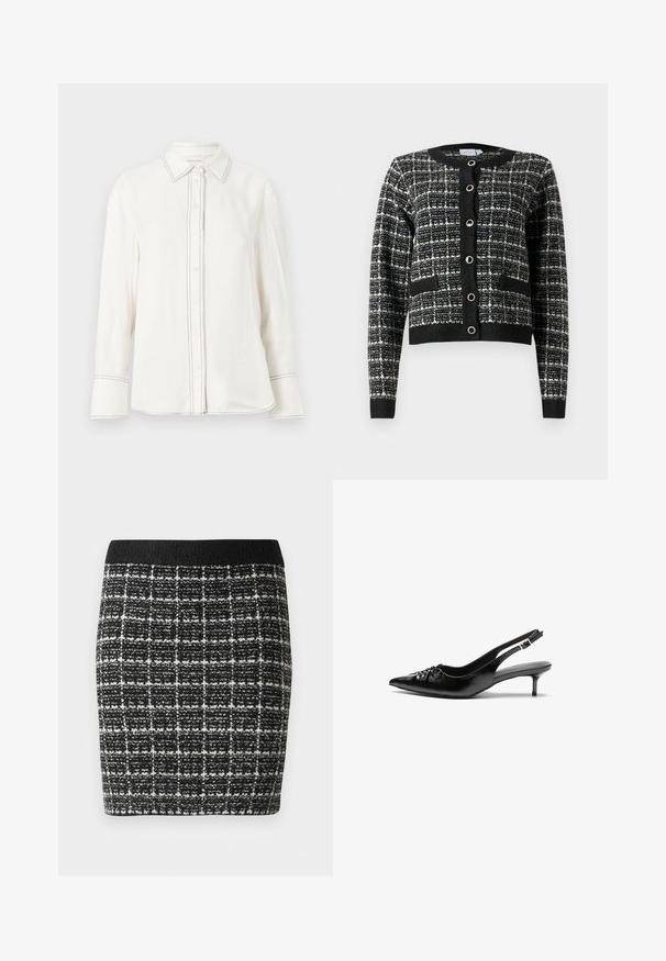 Kardigan u crno-bijelom uzorku s okruglim izrezom, prednjim kopčanjem na gumbe, dva džepa i rebrastim manžetama, napravljen od teksturirane tkanine.; Bijela košulja dugih rukava od glatkog materijala s dugmadi sprijeda, šiljastim ovratnikom i kontrastnim crnim šavovima duž plave i oko manžeta.; Karirana suknja u crno-bijeloj boji s teksturiranim materijalom, koja ima crni pojas i prilagođen siluetu.; Crne kožne sandale na petu s ikkrenim nosom, malom kitten petom i dekorativnom mašnom sprijeda. Glatka tekstura svuda.