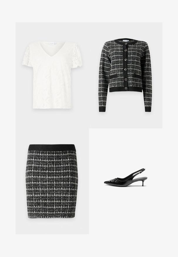 Fekete-fehér mintás kardigán kerek nyakkivágással, elöl gombos záródással, két zsebbel és bordás mandzsettákkal, textúrált anyagból készült.; Fehér, rövid ujjú póló V-nyakkivágással és virágos csipke textúrával, enyhén laza fit, puha és könnyű anyaggal.; Fekete-fehér kockás szoknya struktúrált anyagból, fekete derékkal és testhez simuló sziluettel.; Fekete bőrből készült slingback magassarkú cipők hegyes orral, kis francia sarokkal és díszes csomóval az elején. Az egész felületen sima textúra.