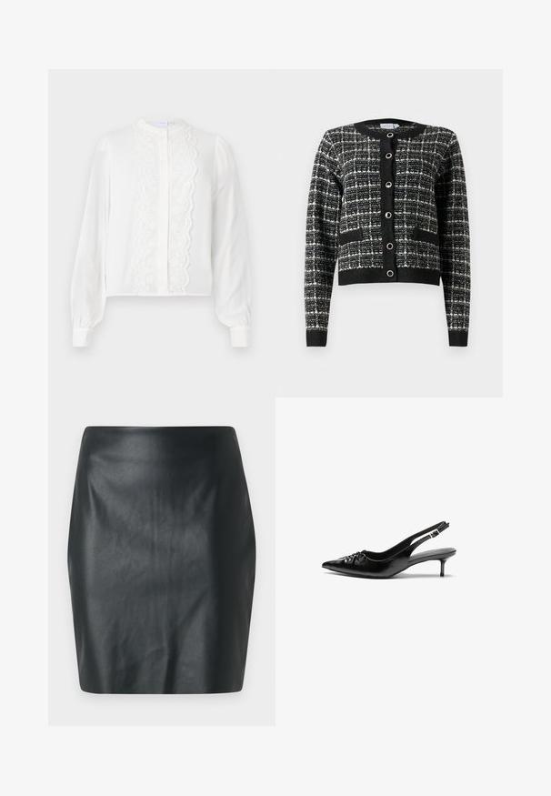 Kardigan u crno-bijelom uzorku s okruglim izrezom, prednjim kopčanjem na gumbe, dva džepa i rebrastim manžetama, napravljen od teksturirane tkanine.; Bijela bluza dugih rukava s okruglim ovratnikom, ima središnji čipkasti panel i gumbaste kopče sprijeda, te naberene rukave na manžetama.; Crna mini suknja od umjetne kože s glatkom teksturom, uskim krojem i ravnim rezom. Bez vidljivih metalnih dijelova ili ukrasa.; Crne kožne sandale na petu s ikkrenim nosom, malom kitten petom i dekorativnom mašnom sprijeda. Glatka tekstura svuda.