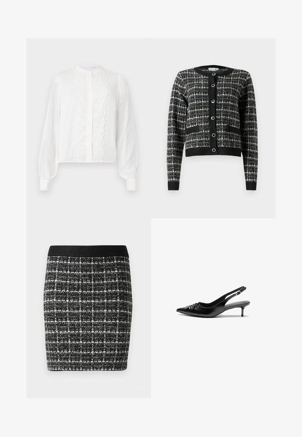 Cárdigan a rayas en blanco y negro con cuello redondo, cierre delantero de botones, dos bolsillos y puños acanalados, hecho de una tela texturizada.; Blusa blanca de manga larga con collar redondo, presenta un panel central de encaje y cierre frontal de botones, y mangas fruncidas en los puños.; Falda a cuadros en blanco y negro con una tela texturada, que presenta una cinturilla negra y una silueta ajustada.; Tacones slingback de cuero negro con punta afilada, pequeño tacón kitten y un detalle de nudo decorativo en la parte frontal. Textura suave en toda la superficie.