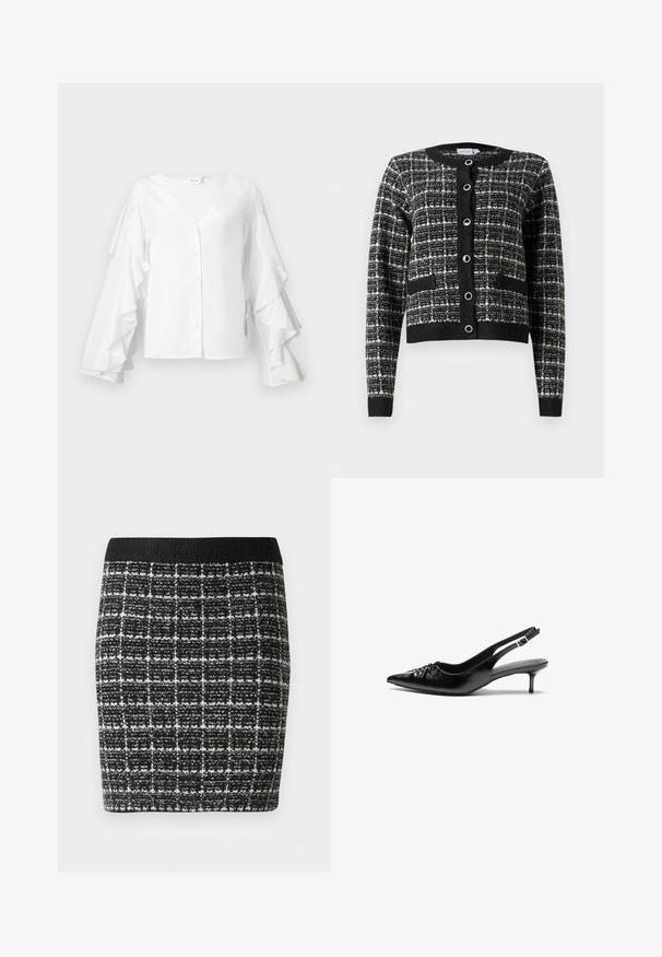 Cardigan a righe bianco e nero con scollatura rotonda, chiusura anteriore a bottoni, due tasche e polsini a costine, realizzato in tessuto testurizzato.; Blusa bianca con scollo a V, chiusura a bottoni e maniche voluminose e arricciate. Realizzata in tessuto liscio con un design elegante e minimalista.; Gonna a scacchi bianca e nera con un tessuto testurizzato, caratterizzata da una vita nera e una silhouette aderente.; Tacchi slingback in pelle nera con punta affusolata, piccolo tacco kitten e un dettaglio a nodo decorativo sulla parte anteriore. Texture liscia su tutta la superficie.