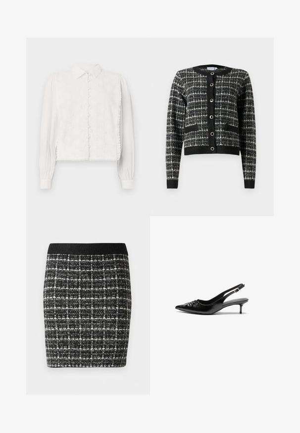 Černobílé vzorované kardigan s kulatým výstřihem, předním zapínáním na knoflíky, dvěma kapsami a žebrovanými manžetami, vyrobený z texturované tkaniny.; Bílá blůza s límečkem, zapínáním na knoflíky a květinovým krajkovým panelem na přední straně. Dlouhé rukávy s nařasenými manžetami a zvlněnými okraji.; Černobílá kostkovaná sukně s texturovanou látkou, vybavená černým páskem a přiléhavým střihem.; Černé kožené lodičky na slingback s špičatou špičkou, malým podpatkem typu kitten a ozdobným uzlem na přední straně. Hladký povrch po celém obvodu.