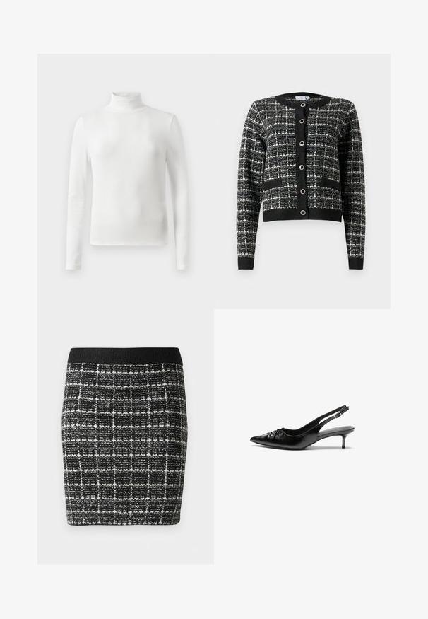Mustvalge mustriga kardigan ümarate kaeluste, ees nuppluku, kahe tasku ja soonikkoes varrukatega, valmistatud tekstuuriga kangast.; Valge kõrge kaelusega pikkade varrukatega topp, mis on valmistatud soonikkoest, sobib slim-fit kujundusse ja omab minimalistlikku disaini. Ei ole silmatorkavaid mustreid ega aktsente.; Mustvalge ruuduline seelik tekstureeritud kangaga, millel on must vöökoht ja istuv siluett.; Musthave nahkased kõrged kontsad, millel on terav varvas, väike kitten-kont ja dekoratiivne sõlm ees. Ühtlane sile tekstuur.