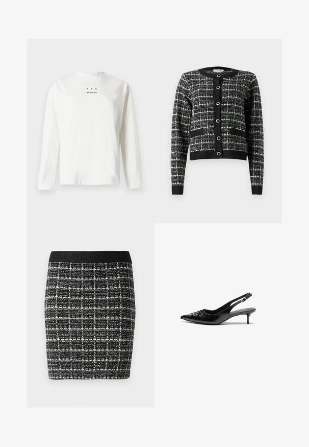 Juodai-baltas raštuotas kardiganas su apvalia iškirpte, priekiniais sagų užtrauktukais, dviem kišenėmis ir ribotu rankogaliu, pagamintas iš tekstūruoto audinio.; Ilgaapirštė balta T-palaidinė, pagaminta iš medvilnės, su apvalia kaklo iškirpte ir juodu tekstu "C P H STUDIOS" ant priekio.; Juodai-baltos langelių raštas sijonas su tekstūruotu audiniu, su juodu juosmeniu ir prigludusia siluetu.; Juodos odinės slingback aukštakulniai su smailiu nosiu, mažais katės kulnais ir dekoratyvine mazgo detale priekyje. Visas paviršius lygus.