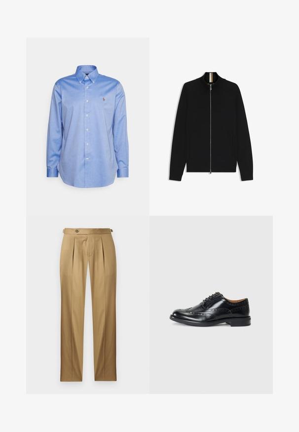 Giacca nera con zip, colletto a coste, maniche raglan, due tasche laterali e texture liscia. Presenta un colletto interno a contrasto.; Camicia button-down celeste chiaro con colletto, maniche lunghe e un piccolo logo sul lato sinistro del petto. Realizzata in morbido cotone.; Pantaloni beige con vestibilità dritta, caratterizzati da pinces, chiusura con bottone e passanti per cintura. Tessuto liscio con un aspetto pulito e sartoriale.; Tommy Hilfiger VOGUE - Stringate eleganti - black