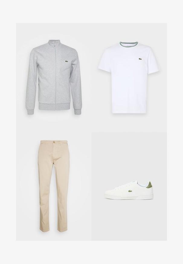 Lys grå zip-up jakke lavet af blød stof, med en tætsiddende krave og ribbede manchetter. Et lille grønt logo er på venstre bryst.; Hvid bomulds T-shirt med korte ærmer og ribbet krave med grønne og sorte striber; lille grøn broderet logo på venstre bryst.; Beige bomulds chinos med lige ben design, der har knaplukning og en subtil tekstur. Ingen synlige mønstre eller accenter.; Hvide sneakers med en glat overflade, der har en grøn detalje ved hælen og et lille broderet krokodillelogo på siden.