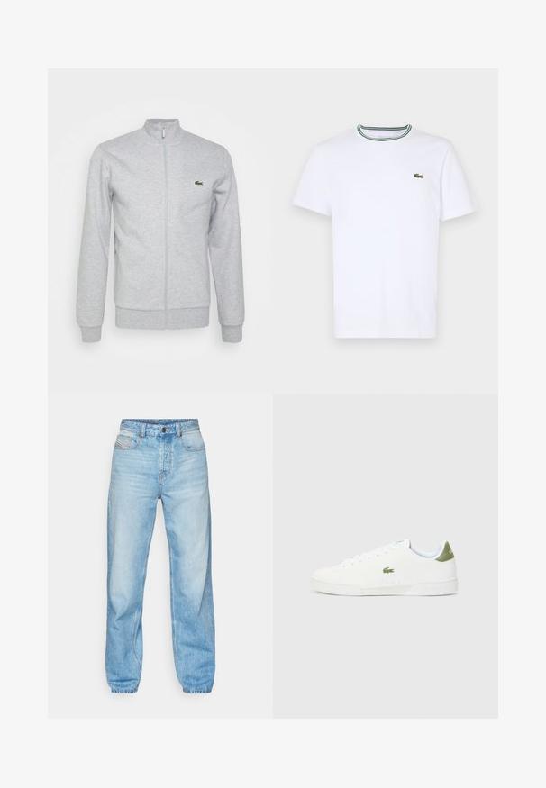 Giacca zip-up grigia chiara realizzata in una morbida stoffa, con colletto aderente e polsini a costine. Un piccolo logo verde è presente sul lato sinistro del petto.; T-shirt bianco a maniche corte in cotone con colletto a coste, caratterizzato da strisce verdi e nere; piccolo logo ricamato verde sul petto sinistro.; Jeans azzurri chiari in denim, con taglio dritto, design a cinque tasche e chiusura a bottone visibile con cuciture in contrasto.; Sneakers bianchi con una texture liscia, caratterizzate da un accento verde sul tallone e un piccolo logo ricamato a forma di coccodrillo sul lato.