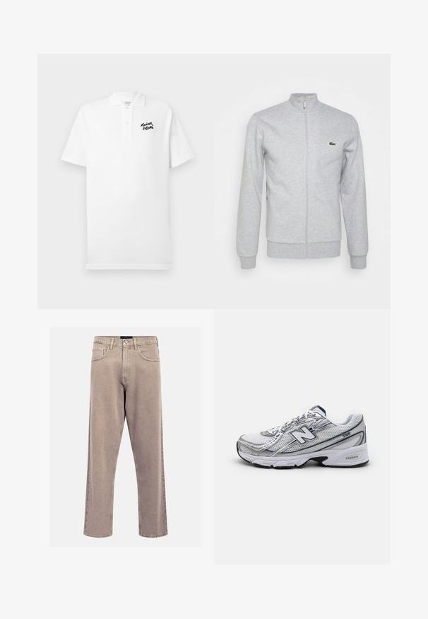 Harmaa vetoketjullinen takki, joka on valmistettu pehmeästä kankaasta. Takissa on istuva kaulus ja ribbed-hihansuut. Vasemmassa rinnassa on pieni vihreä logo.; Valkoinen polo-paita, joka on valmistettu puuvillasta. Vasemmassa rinnassa musta brodeerattu "Maison Kitsuné" -logo. Lyhyet hihat ja normaali kaulus.; Vaaleat suorat farkut, jotka on valmistettu denimistä ja joissa on klassinen viiden taskun muotoilu, ommeltuja yksityiskohtia ja siisti helma.; Uuden Balance -urheilusandaalit, joissa on verkkopintamateriaali, pääasiassa valkoiset harmailla ja laivastonsinisin yksityiskohdin, joissa on pehmustettu pohja ja tekstuuroitu yksityiskohta.