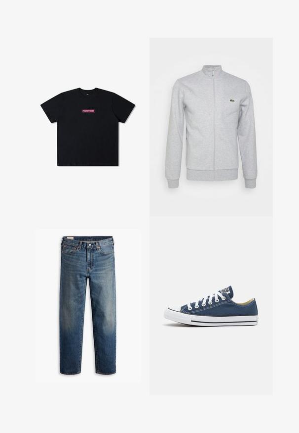 Šviesiai pilkas užtrauktukas džemperis, pagamintas iš minkštos medžiagos, su prigludusia apykakle ir raukiniais rankogaliais. Kairėje krūtinės pusėje yra mažas žalias logotipas.; Juodas medvilninis marškinėliai su trumpariankoviais, apvalia iškirpte ir stačiakampiu rožiniu "FORMER" logotipu priekyje.; Mėlynos tiesios kojos džinsinės kelnės su klasikinio penkių kišenių dizainu, mygtuko uždarymu ir subtiliu išblukimu ant šlaunų ir kelių.; Tamsiai mėlynos kanvos sportbačiai su baltais raišteliais ir skylutėmis, turintys baltą gumos pirštų dangtelį ir juodą juostelę palei padą.