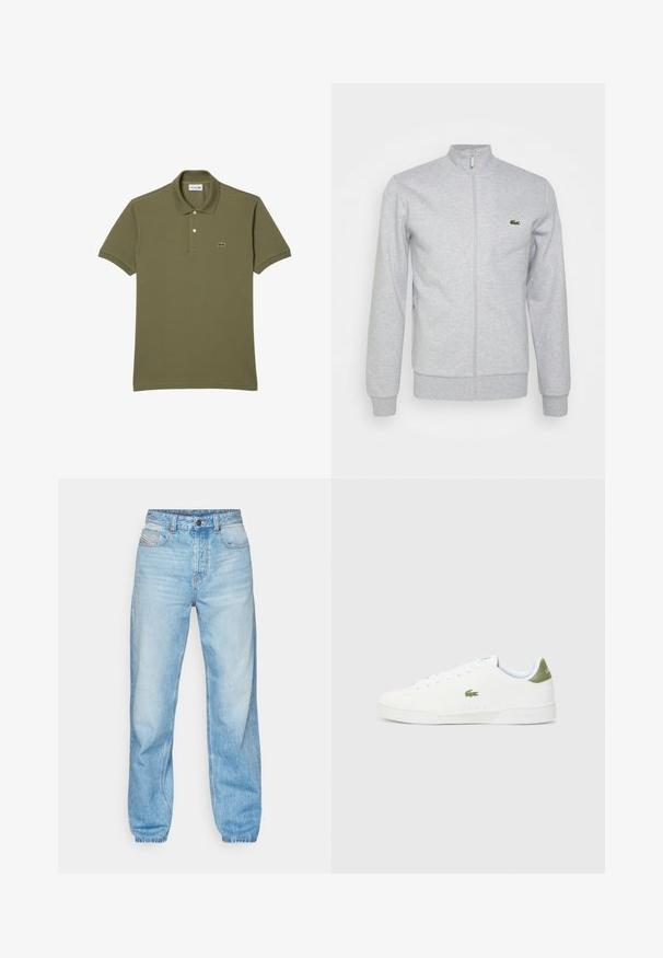 Hellgraue Zip-Jacke aus weichem Stoff mit einem taillierten Kragen und gerippten Bündchen. Ein kleines grünes Logo befindet sich auf der linken Brust.; Olivgrünes Poloshirt aus Baumwolle mit einer Knopfleiste mit zwei Knöpfen, kurzen Ärmeln und gesticktem Logo auf der linken Brust.; Helle blaue Jeans aus Denim, mit geradem Schnitt, Fünf-Taschen-Design und sichtbarem Knopfverschluss mit kontrastierenden Nähten.; Weiße Sneakers mit glatter Textur, die an der Ferse einen grünen Akzent und ein kleines eingesticktes Krokodil-Logo an der Seite aufweisen.