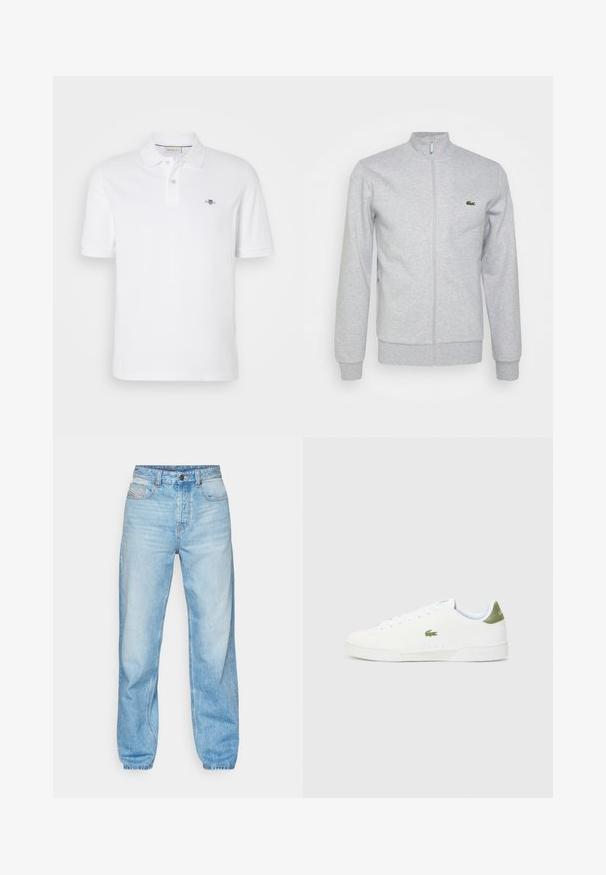 Hellgraue Zip-Jacke aus weichem Stoff mit einem taillierten Kragen und gerippten Bündchen. Ein kleines grünes Logo befindet sich auf der linken Brust.; Weißes Poloshirt aus Baumwolle, mit klassischem Kragen, kurzen Ärmeln und einem kleinen gestickten Logo auf der linken Brust.; Helle blaue Jeans aus Denim, mit geradem Schnitt, Fünf-Taschen-Design und sichtbarem Knopfverschluss mit kontrastierenden Nähten.; Weiße Sneakers mit glatter Textur, die an der Ferse einen grünen Akzent und ein kleines eingesticktes Krokodil-Logo an der Seite aufweisen.