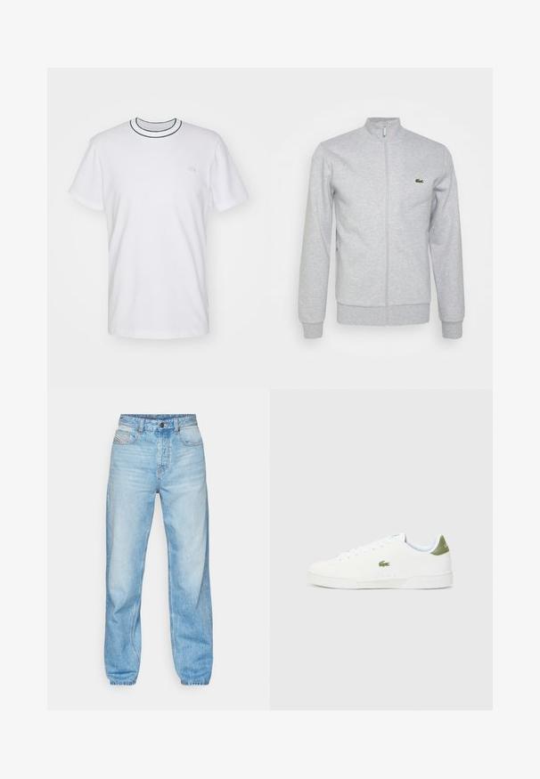 Světle šedá zapínací bunda vyrobená z měkké tkaniny, s upraveným límcem a žebrovanými manžetami. Na levé hrudi je malé zelené logo.; Lacoste Jednoduché tričko - white; Světle modré džíny vyrobené z denimu, s rovný střihem, pěti kapsami a viditelným zapínáním na knoflíky se kontrastním prošíváním.; Bílé tenisky s hladkým povrchem, s zeleným akcentem na patě a malým vyšívaným logem krokodýla na boku.