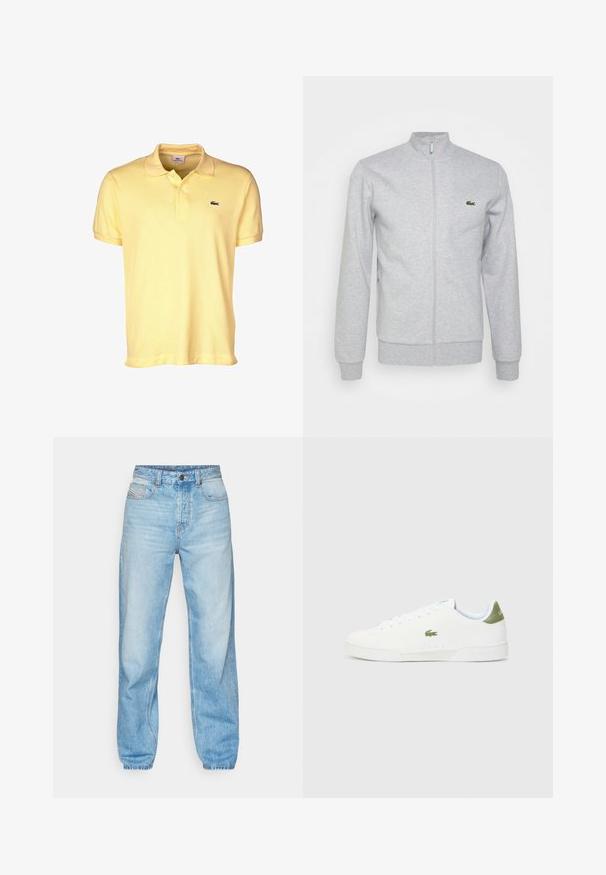 Svetlo šedá zipsová bunda vyrobená z mäkkej tkaniny, s priliehavým golierom a rebrovanými manžetami. Na ľavej strane hrudi je malé zelené logo.; Žlté polokošele vyrobené z bavlny, s dvojitým gombíkom, krátkymi rukávmi a malým čiernym logom krokodíla na hrudi.; Svetlomodré džínsy vyrobené z denimu, so štandardným strihom, piatimi vreckami a viditeľným zapínaním na gombík s kontrastným prešívaním.; Biele tenisky s hladkým povrchom, s zeleným akcentom na päte a malým vyšitým logom krokodíla na boku.