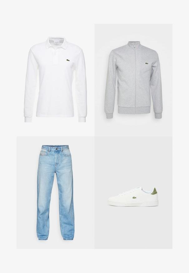 Casaco cinza claro com fecho zip, feito de tecido macio, apresentando uma gola ajustada e punhos canelados. Um pequeno logótipo verde está no lado esquerdo do peito.; Camisa polo de manga longa branca, feita de algodão, com colarinho clássico e um pequeno logótipo verde da Lacoste no peito. Textura suave.; Jeans de cor azul clara feitos de denim, com um corte reto, design de cinco bolsos e uma abertura com botão visível com costura em contraste.; Tênis brancos com uma textura suave, apresentando um detalhe verde no calcanhar e um pequeno logotipo de crocodilo bordado na lateral.