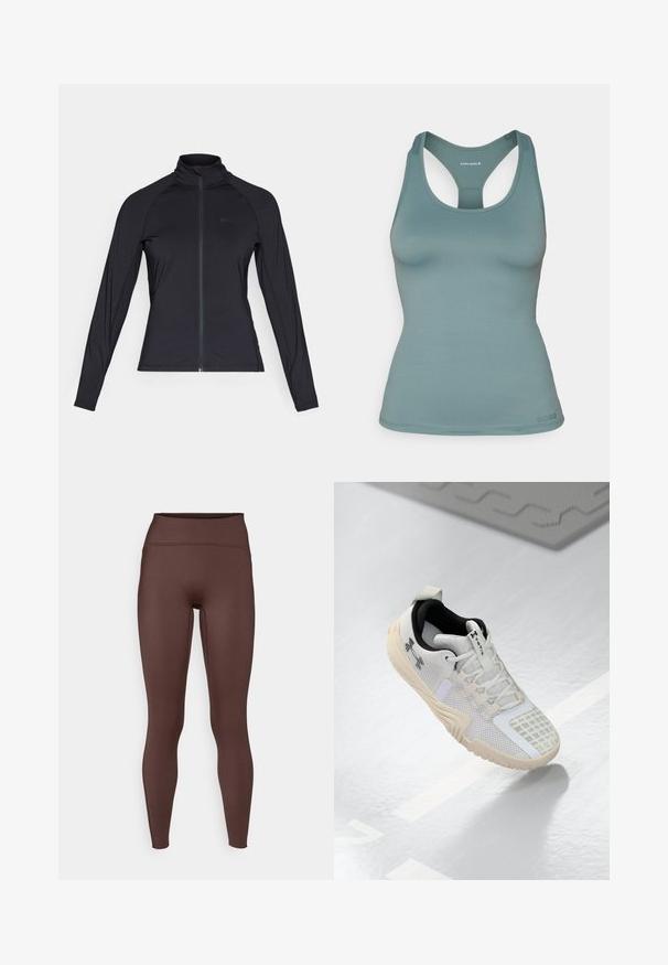 Casaco preto de mangas longas com fecho zip, com um colarinho alto, feito de material suave e elástico, apresentando mangas raglan e um logótipo minimalista.; Top de corpo em teal claro com um design de costas nadador. Textura suave e forma ajustada. Apresenta uma marcação mínima na bainha.; Leggings castanhas de cintura alta feitos de um tecido suave e elástico. Apresentam um design ajustado e um visual sem emendas ao longo das costuras.; Shoe atlético branco com um upper de malha texturizada, interior preto e sola de borracha bege com um padrão de aderência. Acentuado por detalhes subtis.