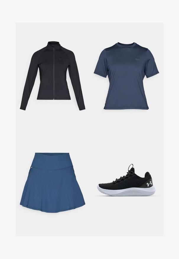 Fekete, hosszú ujjú, cipzáras dzseki magas gallérral, sima, rugalmas anyagból készült, raglán ujjszerkezettel és minimális logóval.; Sima, könnyű anyagból készült, rövid ujjú, sötétkék sportpóló. Kerek nyakkivágással és finom "BORG" logóval az elején rendelkezik.; Egy kék, harang alakú teniszszoknya széles, elasztikus derékpánttal, könnyű anyagból készült, tiszta varrásokkal és diszkrét logóval díszítve.; Fekete sportcipők légáteresztő hálós felsőrésszel, texturált részletekkel és fehér gumitalppal. Lapos fűzővel és sarokhúzó füllel rendelkezik.