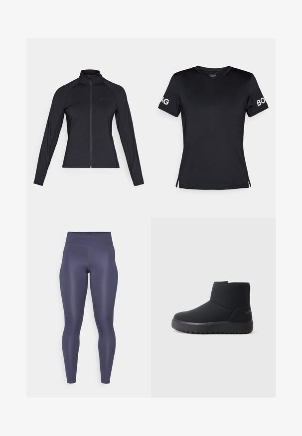 Svart långärmad jacka med dragkedja och hög krage, tillverkad av slät, elastisk material, med raglanärmar och en minimal logo.; Svart t-shirt med kort ärm gjord av en mjuk tyg. Har en rundad halsringning och "BORG"-logotyp i vitt på höger ärm.; Högmidjade leggings i en mörk marinblå färg, tillverkade av stretchigt material, med en mjuk textur och slank design.; Svarta ankelskängor med en slät ytfinish, rund tå, subtila sömdetaljer och en tjock, strukturerad sula. Har en logotyp på baksidan.