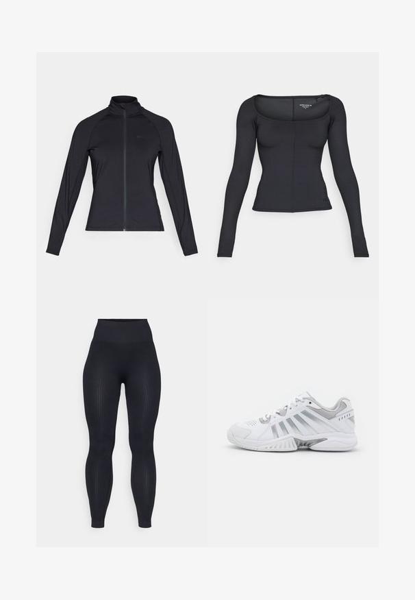 Juodas ilgomis rankovėmis, su užtrauktuku, striukė su aukštu apykakle, pagaminta iš lygaus, tamprumo turinčio audinio, su raglano tipo rankovėmis ir minimalistiniu logotipu.; Juodas ilgas rankovėmis marškinėliai su kvadratine iškirpte, raukšlėta tekstūra, prigludusi forma ir maža logotipo detalė apatinėje dalyje.; Juodos suplotos legging'ais su aukštu juosmeniu, pagaminti iš elastingos medžiagos. Pasižymi lygiu paviršiumi su vertikaliomis raštais.; Balti sportiniai batai su pilkais akcentais, tekstūruotais tinklo elementais, ventiliacijos skylutėmis ir išskirtiniu padu, užtikrinančiu sukibimą.