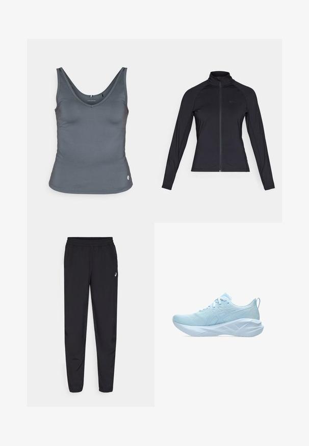 Juodas ilgomis rankovėmis, su užtrauktuku, striukė su aukštu apykakle, pagaminta iš lygaus, tamprumo turinčio audinio, su raglano tipo rankovėmis ir minimalistiniu logotipu.; Björn Borg ACE DEEP V TANK - Viršus - urban chic; Juodos sportinės kelnės su elastingu juosmeniu, siaurėjančiomis kojomis su gumytėmis, pagamintos iš lengvo, glotnaus audinio, su maža logo ant šlaunies.; Šviesiai mėlyni sportiniai bateliai su tinklo viršumi, plokščiomis raištelėmis ir storesne, tekstūruota padais su geometriniais akcentais stabilumui.