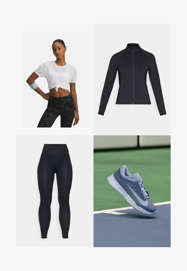 Must küllavarrukatega must zip-up jakki, millel on kõrge kaelus, valmistatud sileda ja venitatava materjali jõududest, millel on raglan-särgiga varrukad ja minimaalne logo.; Valge võrgust lühike topp, millel on sõlme ees, kantud koos mustade mustriga kõrge vöökohtadega retuusidega; aksessuaarina hall käevõru.; Mustad ribad leggings kõrge vöökoht, valmistatud venivast materjalist. Omab siledat tekstuuri ja vertikaalseid mustreid kogu ulatuses.; Spordijalatsid helesinises ja tumesinises värvitoonis, millel on tekstuuriga pealis, lame nööridega ja kerge valge tallaga. Üles tõstetud väljakupinna kohal.