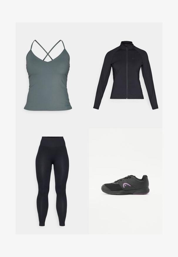 Fekete, hosszú ujjú, cipzáras dzseki magas gallérral, sima, rugalmas anyagból készült, raglán ujjszerkezettel és minimális logóval.; Szürke bordázott ujjatlan felső V-nyakú és keresztpántos hátrésszel. Simává texúra és testhezálló kialakítás, amely a szegélyen diszkrét márkázást visel.; Fekete bordázott leggings, magas derékkal, rugalmas anyagból készült. Simaságot biztosító textúrával rendelkezik, függőleges mintákkal az egész felületén.; Fekete sportcipő hálós és szintetikus anyagokból, ívelt lila logóval, textúrázott oldalakkal és lila akcentussal ellátott gumitalppal.