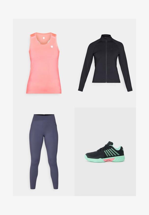 Fekete, hosszú ujjú, cipzáras dzseki magas gallérral, sima, rugalmas anyagból készült, raglán ujjszerkezettel és minimális logóval.; Ujjatlan tank top gradient korall színben, sima, rugalmas anyagból készült. Kis logo található a mellkason és hálós részletek a vállakon.; Magas derékú leggings egységes sötétszürke színben. Rugalmas anyagból készült, lapos varrásokkal és formázott, szűkített lábujj dizájnnal.; Fekete sportcipő texturált felsőrésszel, menta zöld kiegészítőkkel és rózsaszín talp részletekkel. Könnyű szerkezettel és légáteresztő kialakítással rendelkezik.