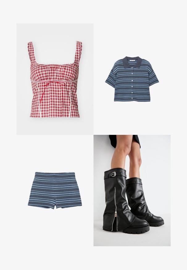 Košulja s kratkim rukavima na gumbe, s tamnoplavim i svijetloplavim horizontalnim prugama i tamnoplavim kragnom, prikazana na bijeloj pozadini.; Gornji dio od crvene i bijele karo tkanine s kvadratnim izrezom, nabranim dizajnom, podesivom crvenom vezicom i bijelim čipkastim detaljima duž rubova.; Tamno plave pletene šortse s svijetloplavim horizontalnim prugama, sa pripijenim pojasom i krojem do sredine bedra.; Crne kožne čizme do koljena s širokim okovratnikom, s bočnim zatvaračem i detaljem od kopče, teksturiranom završnom obradom i debelim gumenenim potplatom.