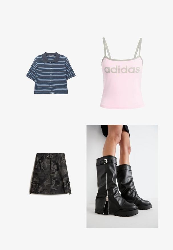 Kurzarm-Hemd mit Knopfleiste, dunkel- und hellblauen horizontalen Streifen und einem dunkelblauen Kragen, auf einem weißen Hintergrund präsentiert.; Helles rosa Tanktop mit grauen Akzenten und verstellbaren Spaghetti-Trägern, mit einem großen, mittig platzierten grauen "adidas"-Logo. Aus Baumwollmaterial.; Camo-Rock in Dunkelgrau und Schwarz, mit einem Reißverschluss vorne, einem Gürtel mit einer silbernen Schnalle und zwei Cargo-Taschen mit Ringen.; Schwarze Lederstiefel bis zum Knie mit weiter Schaftweite, seitlichem Reißverschluss und Schnallenakzent, strukturierter Oberfläche und robuster Gummisohle.