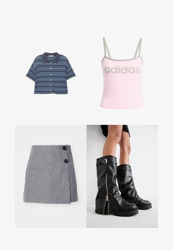 Košeľa na krátky rukáv, so zapínaním na gombíky, s tmavomodrými a svetlomodrými horizontálnymi pruhmi a tmavomodrým golierom, vystavená na bielom pozadí.; Svetloružový tielko s šedým lemovaním a nastaviteľnými tenkými ramienkami, so veľkým, centrálnym šedým logom "adidas". Bavlnený materiál.; Sivá vlnená sukňa s oblečeným dizajnom, s dvoma čiernymi gombíkmi na boku a textúrovaným povrchom.; Čierne kožené vysoké čižmy po kolená s širokým nohavičkou, so bočným zipsom a detailom s prackou, štruktúrovaným povrchom a robustnou gumovou podrážkou.