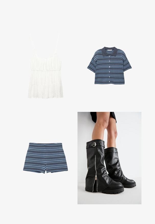 Košeľa na krátky rukáv, so zapínaním na gombíky, s tmavomodrými a svetlomodrými horizontálnymi pruhmi a tmavomodrým golierom, vystavená na bielom pozadí.; Biely top bez rukávov vyrobený z ľahkého materiálu. Má volánový lem a na hrudi je so zberanými detailmi s nastaviteľnými ramienkami.; Tmavomodré pletené šortky so svetlomodrými horizontálnymi pruhmi, s priliehavým pásom a dĺžkou do polovice stehna.; Čierne kožené vysoké čižmy po kolená s širokým nohavičkou, so bočným zipsom a detailom s prackou, štruktúrovaným povrchom a robustnou gumovou podrážkou.