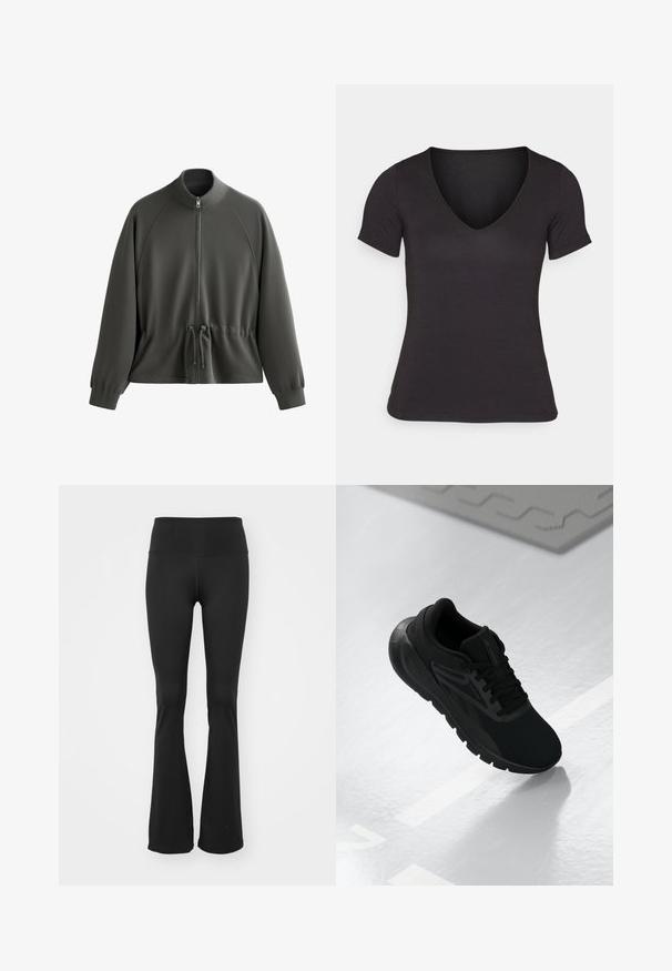 Siva zip-up jakna z visokim ovratnikom, raglan rokavi, teksturirana tkanina, nastavljiva vrvica na pasu in rebrasti manšeti.; Črna kratka majica s kratkimi rokavi in V-izrezom, izdelana iz gladke tkanine, ki poudarja prilegajočo silhueto in čiste, brezšivne robove.; Črne razširjene legice iz raztegljivega, gladkega materiala z visokim pasom. Brezšiven dizajn brez vidnih kovanih delov ali vzorcev.; Črne športne čevlje z mrežasto zgornjim delom, okroglo konico, oblazinjenim podplatom in teksturiranimi detajli, postavljeni na gladko belo površino.