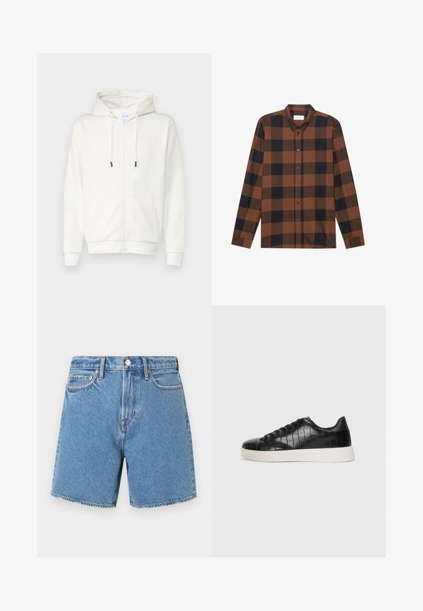 Bijela dukserica s patentnim zatvaračem izrađena od mekanog materijala, s prednjim džepom, špagama i rebrastim manžetama. Glatka tekstura s minimalnim dizajnom.; Smeđi i crni karirani košulja dugih rukava izrađena od tkanine s ovratnikom na gumbe i zakopčavanjem na gumbe; ima rukave s manžetama.; Traper šortsevi svjetloplave boje. Stalna tkanina s pet džepova, zatvaranjem na dugme i suptilnim šavovima duž šavova i džepova.; Crne tenisice s teksturiranom gornjom površinom od kože s uzorkom krokodila, zaobljenim vrhom i kontrastnom bijelom gumenom potplatom s glatkom završnom obradom.