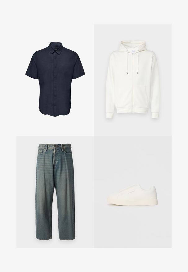 Biely zipsový mikina vyrobená z jemnej tkaniny, s prednou kapsou, šnúrkami a rebrovanými manžetami. Hladká textúra s minimalistickým dizajnom.; Only & Sons ONSCAIDEN - Košeľa - night sky; Svetlomodré denimové nohavice so voľným strihom, stredne vysokým pásom a rovnými nohavicami. Obsahujú päť vreciek, pútka na opasok a zapínanie na gombík.; Biele slip-on tenisky s textúrovaným povrchom, hrubou podrážkou a minimalistickým dizajnom. Obsahuje logo značky na boku.