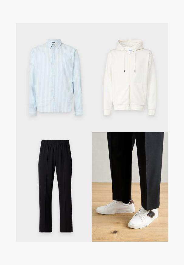 Balta kapuce ar rāvējslēdzēju, izgatavota no mīksta auduma, ar priekšējo kabatu, auklām un ribotām piedurknēm. Gluda tekstūra ar minimālu dizainu.; Gaiši zila krekls ar baltiem vertikāliem svītrainiem, klasiskā apkakle, garas piedurknes un divas pogu akcenti pie piedurknēm.; Melni elastīgi bikses ar taisnas kājas dizainu, ar gludu tekstūru un bez redzamām zīmēm vai detaļām.; Baltā pārsoļa apavi ar gludu tekstūru, papildināti ar brūniem ādas akcentiem un melniem elementiem, savienoti ar melnām pielāgotām biksēm. Koka grīdas fons.