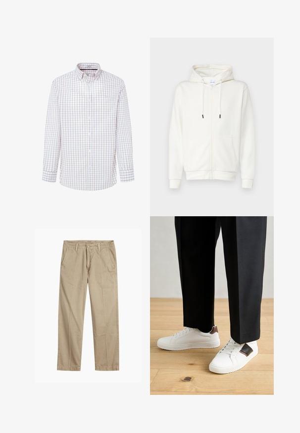 Weiße Zip-Hoodie aus weicher Stoff, mit einer Fronttasche, Kordeln und gerippten Bündchen. Glatter Textur mit minimalistischem Design.; Weißes Langarmhemd mit einem karierten Muster in Rot und Blau. Button-down-Kragen, vordere Blende mit Knöpfen und geknöpfte Manschetten.; Beige gerade geschnittene Chinos mit Gürtelschlaufen, vorderem Knopf- und Reißverschlussverschluss sowie schrägen Fronttaschen.; Weiße Sneakers mit glatter Textur, versehen mit braunen Lederakzenten und schwarzen Details, kombiniert mit schwarzen maßgeschneiderten Hosen. Hintergrund aus Holzboden.