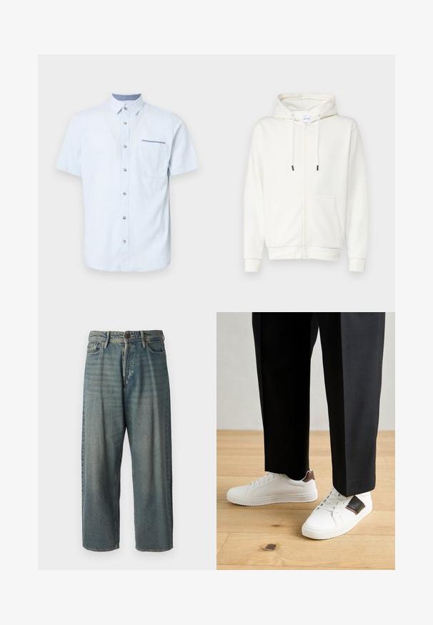 Biely zipsový mikina vyrobená z jemnej tkaniny, s prednou kapsou, šnúrkami a rebrovanými manžetami. Hladká textúra s minimalistickým dizajnom.; Svetlomodrá košeľa s krátkym rukávom vyrobená z mäkkého materiálu, s gombíkovým zapínaním, jednou náprsníkou a kontrastným detailom na golieri.; Svetlomodré denimové nohavice so voľným strihom, stredne vysokým pásom a rovnými nohavicami. Obsahujú päť vreciek, pútka na opasok a zapínanie na gombík.; Biele tenisky s hladkým povrchom, s hnedými koženými akcentmi a čiernymi detailmi, spárované s čiernymi elegantnými nohavicami. Pozadím je drevená podlaha.