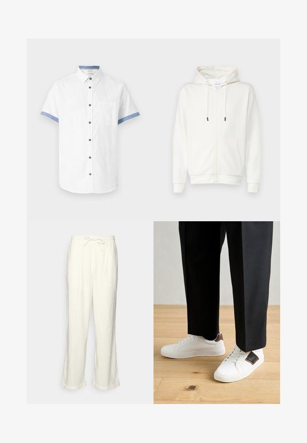 Valge lukuga kapuutsiga sviiter, mis on valmistatud pehmest kangast, esipocket, nöörid ja soonikkoes varrukad. Sile tekstuur ja minimalistlik disain.; Valge lühikeste varrukatega särk nööpidega kraega, millel on sinised aktsendid mansettidel ja krael ning ees tasku. Valmistatud kergest kangast.; Lina püksid tühjas valges, millel on paelaga vöökoht, veidi laiemad sääred ja keeratud varrud mugavaks istumiseks. Taskud puuduvad.; Valged sneakersid siledat tekstuurist, millel on pruunad nahast detailid ja mustad aksessuaarid, millele on sobitatud mustad kohandatud püksid. Puitpõranda taust.