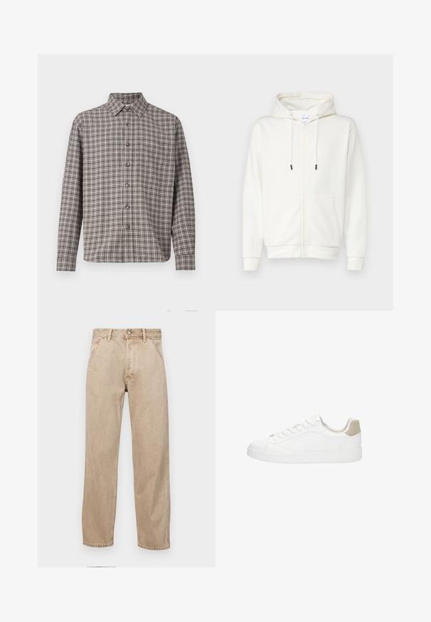 Fehér zippzáros kapucnis pulóver, puha anyagból készül, elülső zsebet, húzózsinórokat és bordás mandzsettákat tartalmaz. Sima textúrájú, minimalista dizájnnal.; Barna és krém színű kockás ing, gombos gallérral, hosszú ujjakkal és elülső gombokkal; texturált anyagból készült.; Beige színű farmernadrág egyenes fazonnal, elülső zsebekkel, fém gombos záródással és diszkrét textúrával.; Fehér sportcipők sima bőrből készült felsőrészével és kerek orrával. Jellemzője a világosbarna velúr sarkú sapka, lapos fűzők és fehér gumitalp.