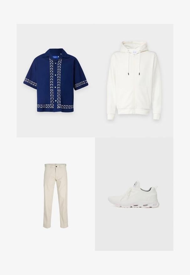 Fehér zippzáros kapucnis pulóver, puha anyagból készül, elülső zsebet, húzózsinórokat és bordás mandzsettákat tartalmaz. Sima textúrájú, minimalista dizájnnal.; Tengerészeti, rövid ujjú ing, fehér hímzett mintákkal az elején, a galléron és az ujjakon. Gombos kialakítás, laza illeszkedéssel.; Beige pamut nadrág, egyenes fazonnal, gombos zipzárral, elülső zsebekkel és varrott varratokkal. Sima textúra, minimális részletezés és minta nélküli.; Fehér sportcipők, texturált kötött felsőrésszel, lapos fűzőkkel és párnázott talppal, amely látható légkamrákkal rendelkezik a megerősített kényelem érdekében.