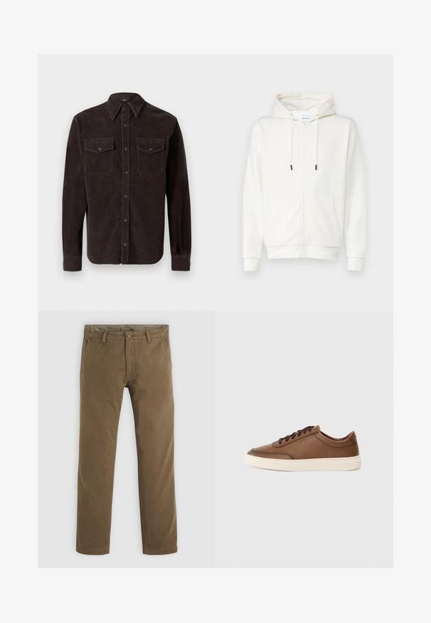 Hvid lynlås hoodie lavet af blødt stof, med en frontlomme, snoretræk og ribbede bek. Glat tekstur med minimal design.; Brun kordfløjlskjorte med klassisk krave, lange ærmer, to brystlommer med knaplukning og struktureret stof.; Khaki bomuldsbukser med lige ben-design, der har en knaplukning, to forreste lommer og en glat tekstur.; Brune lædersneakers med en glat finish, snørebåndsdesign og en kontrasterende off-white gummisål. Minimalt branding på siden.