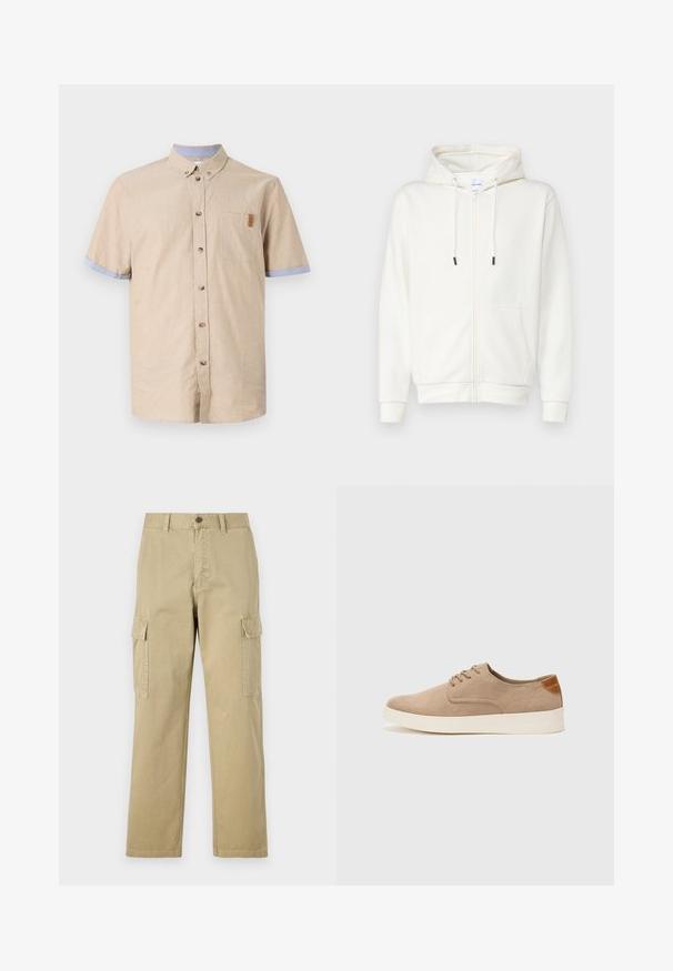 Weiße Zip-Hoodie aus weicher Stoff, mit einer Fronttasche, Kordeln und gerippten Bündchen. Glatter Textur mit minimalistischem Design.; Kurzarm-Hemd aus beigem Leinen mit blauen Akzenten an den Ärmeln. Verfügt über eine Brusttasche und braune Knöpfe. Glatte Textur.; Beige Cargo-Hosen aus Baumwolle, mit zwei Seitentaschen, einem Knopfverschluss und geraden Beinen aus einem leicht strukturierten Stoff.; Beige Wildleder-Sneaker mit runder Zehenpartie, Schnürung und strukturiertem Rückenteil. Die weiße Gummisohle sorgt für einen Kontrast. Einfaches und modernes Design.