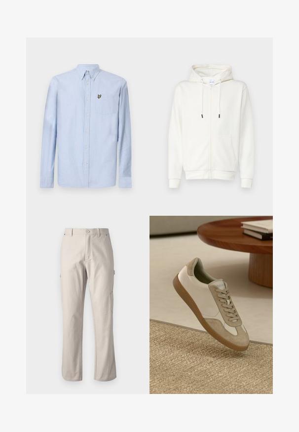 Baltos užtraukiamos džemperis, pagamintas iš minkštos medžiagos, su priekiu kišene, virvutėmis ir kriauklėmis rankovėmis. Lygus audinys su minimalistiniu dizainu.; Šviesiai mėlyna, ilgomis rankovėmis marškiniai su mygtukų apykakle, priekinėje kišenėje ir siuvinėtu logotipu. Pagaminti iš tekstūruotos medvilnės audinio.; Bežinės cargo kelnės, pagamintos iš tvirto medvilnės audinio, tiesiomis kojomis, su priekiniais mygtukais ir šoninėmis kišenėmis funkcionalumui. Lygi tekstūra su subtiliu siuvinėjimu.; Lengvas sportinis batelis su baltu odiniu viršumi, su kreminėmis zomšos detalėmis, apvalia nosimi ir tekstūruotu rudu guminio padu.