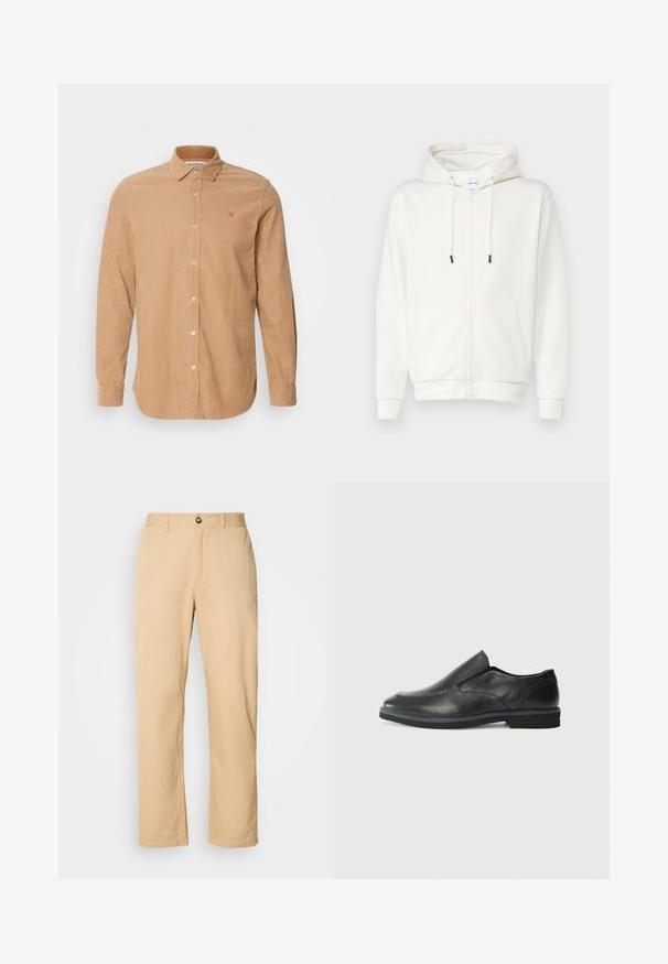 Biely zipsový mikina vyrobená z jemnej tkaniny, s prednou kapsou, šnúrkami a rebrovanými manžetami. Hladká textúra s minimalistickým dizajnom.; Svetlohnedá kordurová košeľa s golierom na gombíky, dlhými rukávmi, predným gombíkovým zapínaním a oranžovou vyšívanou nášivkou na hrudi.; Khaki bavlnené nohavice so strait leg strihom, s predným gombíkovým zapínaním a pútkami na opasok. Hladký povrch a jednoduchý dizajn.; Čierny kožený nazúvací topánka s hladkým zvrškom, prešitými akcentmi, zaoblenou špičkou a nízkym gumovým podpätkom. Podošva má minimálny dezén.