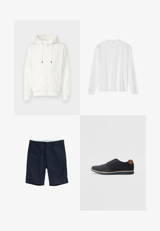 Baltos užtraukiamos džemperis, pagamintas iš minkštos medžiagos, su priekiu kišene, virvutėmis ir kriauklėmis rankovėmis. Lygus audinys su minimalistiniu dizainu.; Ilgos rankovės baltas medvilnės marškinėliai su apvaliu kaklu ir raukšlėtomis rankovėmis. Paprastas, be puošmenų dizainas, turintis lygią tekstūrą ir standartinę prigludimą.; Tamsiai mėlyni šortai iš medvilnės mišinio, su mygtuko uždarymu, dviem šoninėmis kišenėmis ir tiesiu apdailos kraštu su subtiliu tekstūra.; Juodi sintetiniai batai su tekstūruotu paviršiumi, lygiomis detalėmis, ruda kulna ir kontrastingu padu. Yra minimalus raištelių užsidėjimas ir siuvimo detalės.